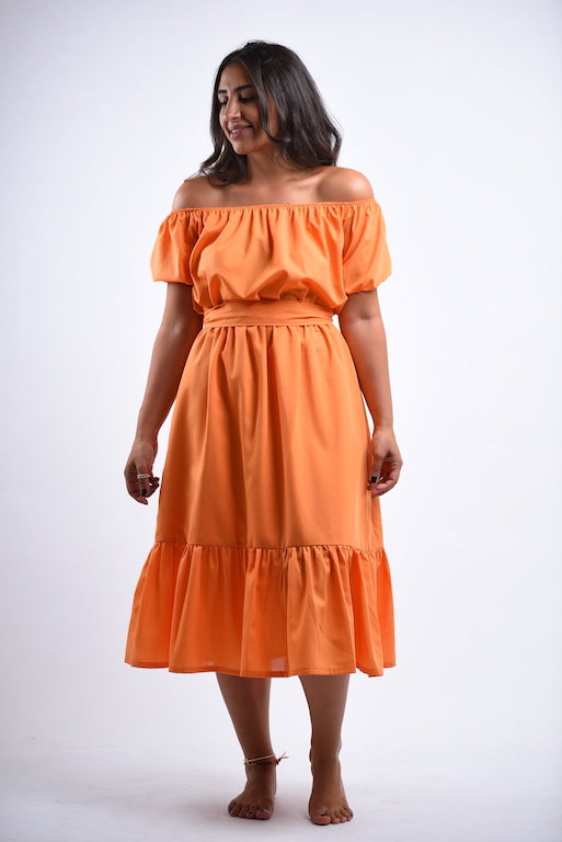 Peachy Orange Off Shoulder Midi